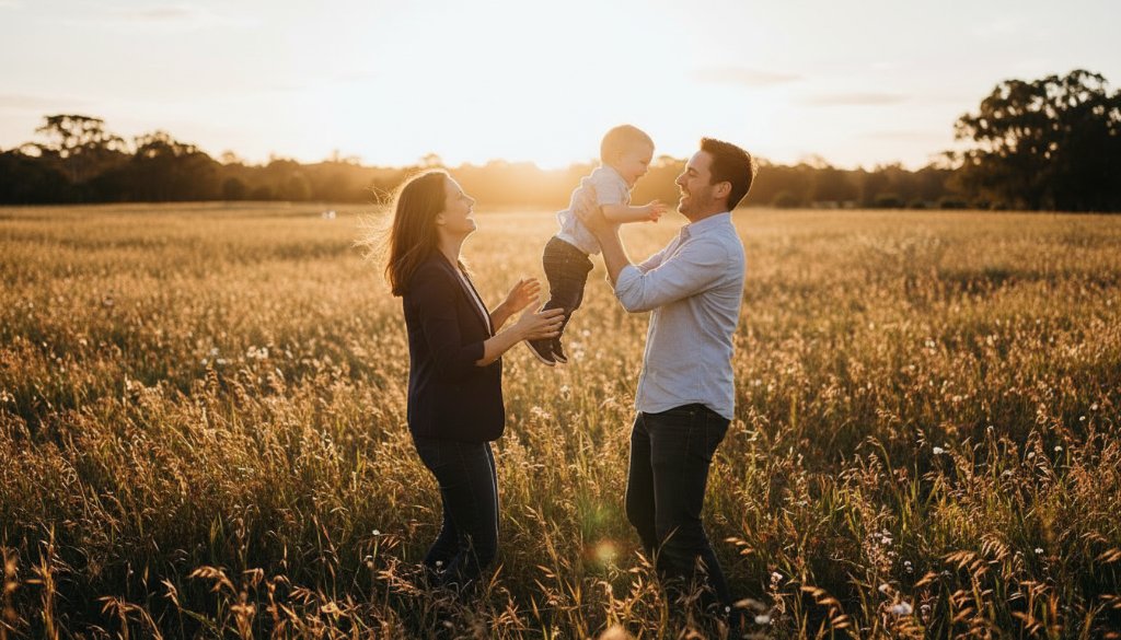 A Kealba family photographer candid moments Victoria capture of parents laughing while gently tossing their toddler in the air against a warm, golden hour backdrop in a Kealba park, evoking pure joy and connection.