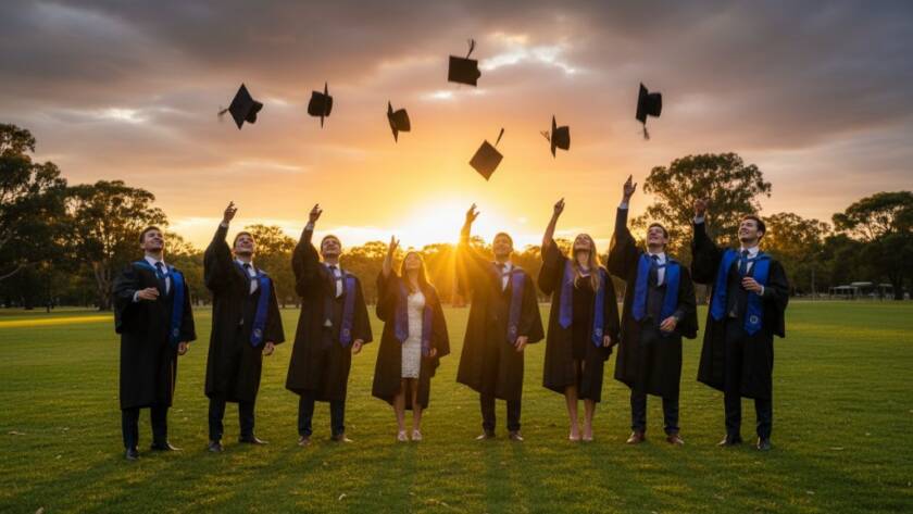 A group of joyous graduates in academic regalia tossing their caps into the air at sunset in a beautiful Kealba park, capturing their Kealba graduation photography epic moments with dramatic backlighting and vibrant colours.