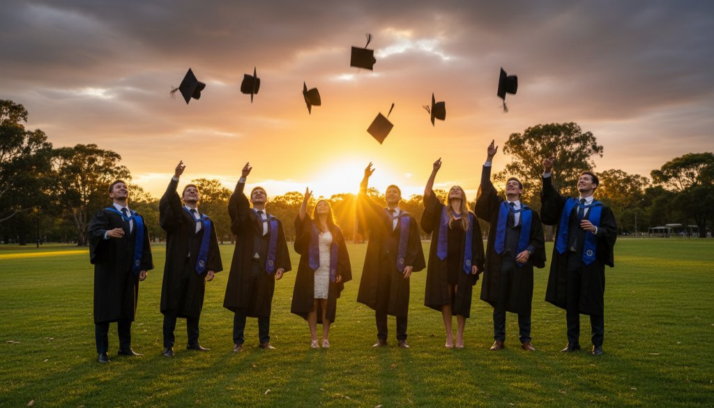 A group of joyous graduates in academic regalia tossing their caps into the air at sunset in a beautiful Kealba park, capturing their Kealba graduation photography epic moments with dramatic backlighting and vibrant colours.