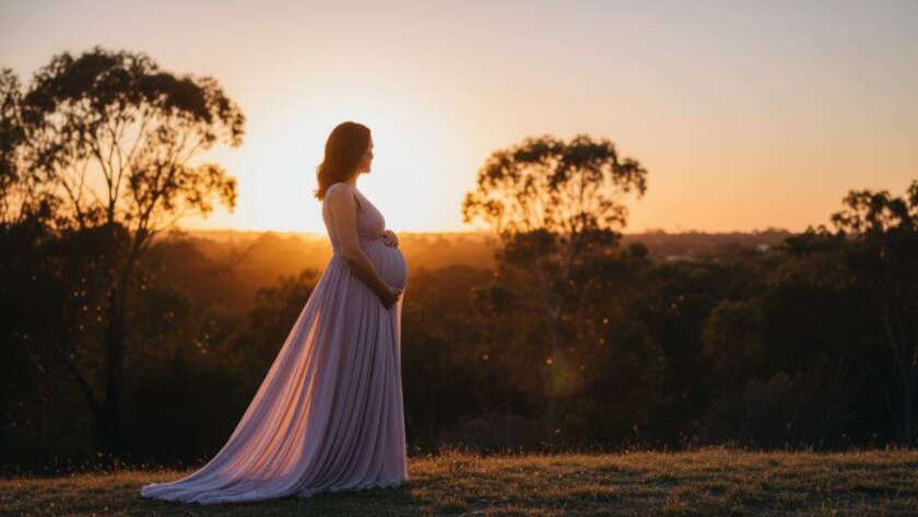 A radiant mum-to-be in a flowing gown during a dramatic Kealba outdoor maternity photography session at sunset, silhouetted against a golden sky, with soft focus on her baby bump, capturing an epic, glowing moment.