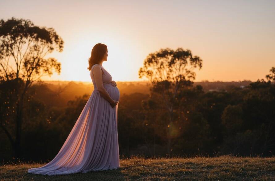 A radiant mum-to-be in a flowing gown during a dramatic Kealba outdoor maternity photography session at sunset, silhouetted against a golden sky, with soft focus on her baby bump, capturing an epic, glowing moment.