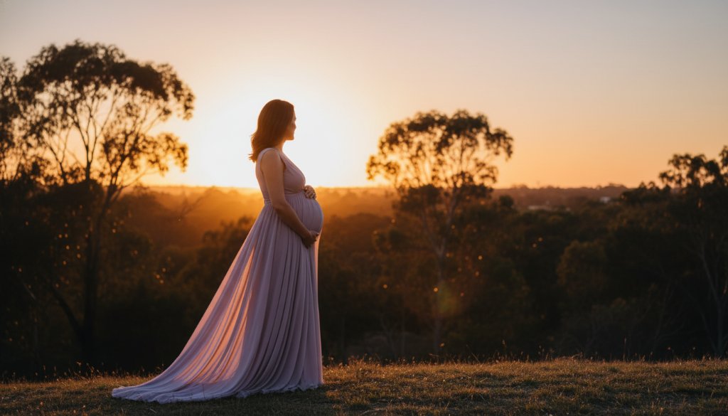 A radiant mum-to-be in a flowing gown during a dramatic Kealba outdoor maternity photography session at sunset, silhouetted against a golden sky, with soft focus on her baby bump, capturing an epic, glowing moment.