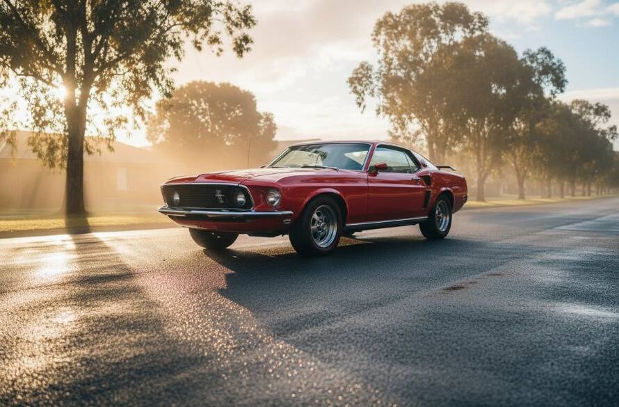 An epic moment captured by Kealba prestige car photoshoot services: a sleek, high-performance sports car, bathed in dramatic sunset light, parked on a quiet Kealba street, wheels slightly turned, showcasing its elegant lines and power, with a blurred backdrop of Australian gum trees, professionally colour-graded.