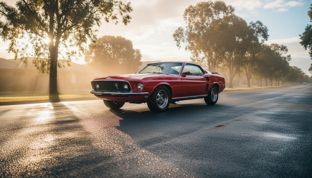 An epic moment captured by Kealba prestige car photoshoot services: a sleek, high-performance sports car, bathed in dramatic sunset light, parked on a quiet Kealba street, wheels slightly turned, showcasing its elegant lines and power, with a blurred backdrop of Australian gum trees, professionally colour-graded.