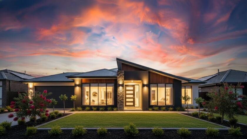 A stunning, wide-angle, dusk shot capturing a beautifully lit modern family home in Kealba, Victoria, with warm interior lights glowing, manicured garden in the foreground, and a vibrant sunset sky. This professional Kealba real estate photography for faster property sales showcases the property's inviting curb appeal and luxurious feel, shot from a low angle to emphasize grandeur, with a slight blur in the distant streetlights to draw focus to the home.