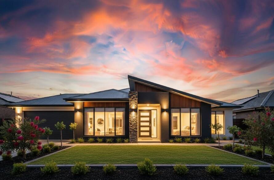 A stunning, wide-angle, dusk shot capturing a beautifully lit modern family home in Kealba, Victoria, with warm interior lights glowing, manicured garden in the foreground, and a vibrant sunset sky. This professional Kealba real estate photography for faster property sales showcases the property's inviting curb appeal and luxurious feel, shot from a low angle to emphasize grandeur, with a slight blur in the distant streetlights to draw focus to the home.