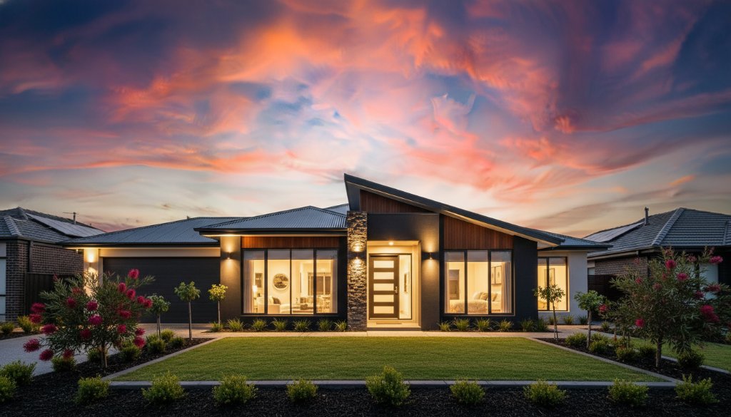 A stunning, wide-angle, dusk shot capturing a beautifully lit modern family home in Kealba, Victoria, with warm interior lights glowing, manicured garden in the foreground, and a vibrant sunset sky. This professional Kealba real estate photography for faster property sales showcases the property's inviting curb appeal and luxurious feel, shot from a low angle to emphasize grandeur, with a slight blur in the distant streetlights to draw focus to the home.