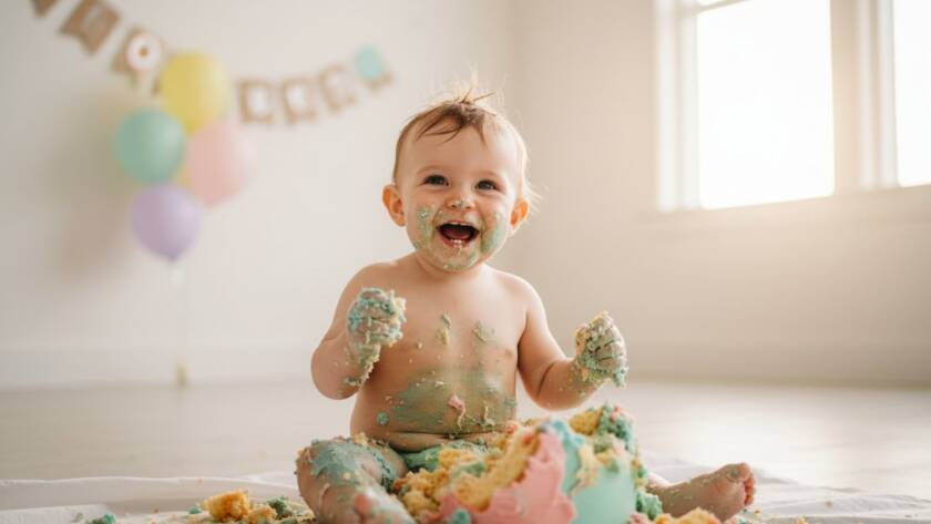 A Kealba vibrant cake smash photography session capturing a baby covered in frosting, laughing joyously amidst colourful balloons and a smashed cake, with golden sunlight streaming through a window.