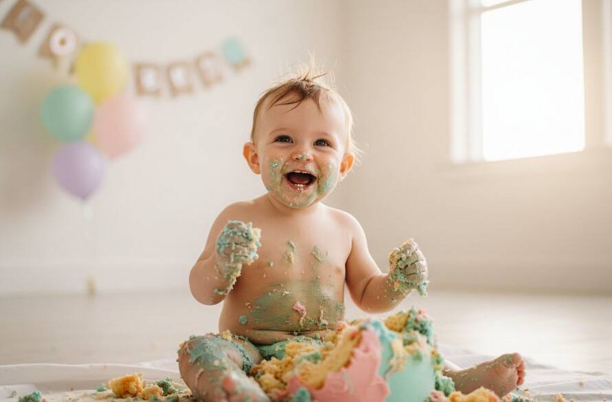A Kealba vibrant cake smash photography session capturing a baby covered in frosting, laughing joyously amidst colourful balloons and a smashed cake, with golden sunlight streaming through a window.
