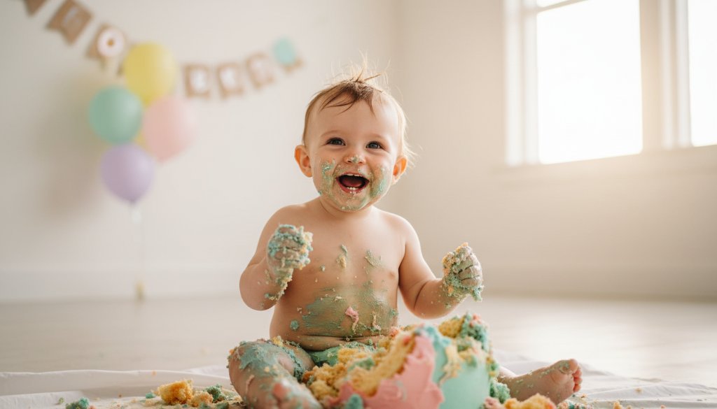 A Kealba vibrant cake smash photography session capturing a baby covered in frosting, laughing joyously amidst colourful balloons and a smashed cake, with golden sunlight streaming through a window.