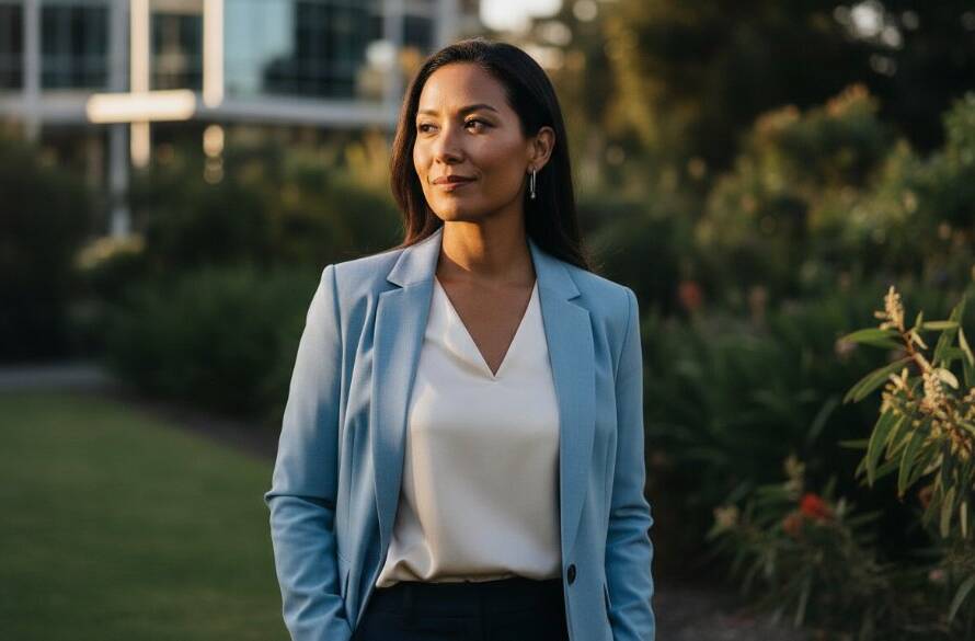 A confident professional in Kealba poses for vibrant outdoor headshots, showcasing career success against a contemporary Kealba urban backdrop with dramatic cinematic lighting.