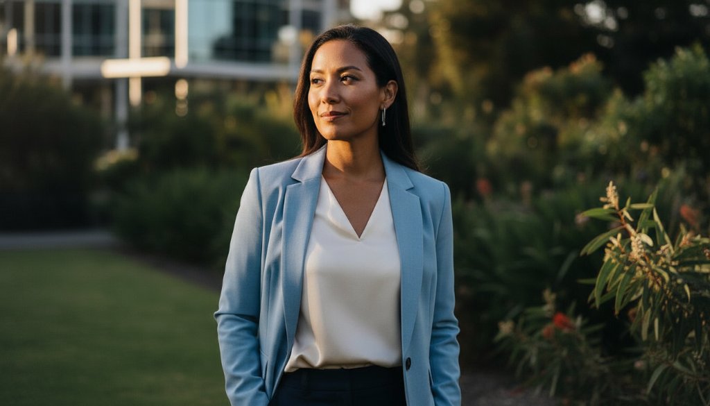 A confident professional in Kealba poses for vibrant outdoor headshots, showcasing career success against a contemporary Kealba urban backdrop with dramatic cinematic lighting.