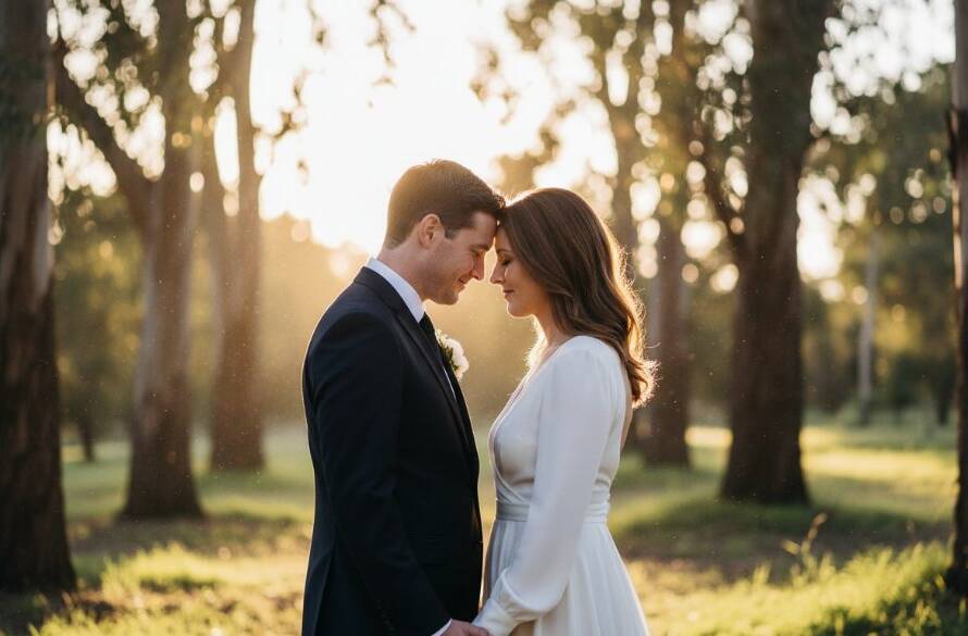 A newlywed couple shares an intimate, joyful embrace amidst the golden hour glow of a rustic Kealba park, captured as a stunning example of Kealba Victoria candid wedding photography.