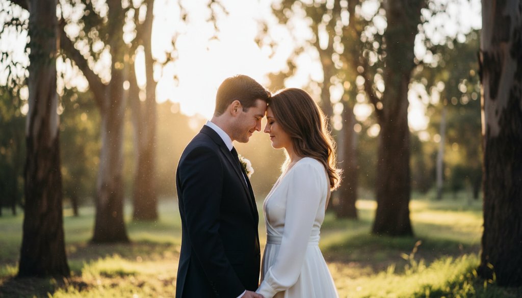 A newlywed couple shares an intimate, joyful embrace amidst the golden hour glow of a rustic Kealba park, captured as a stunning example of Kealba Victoria candid wedding photography.
