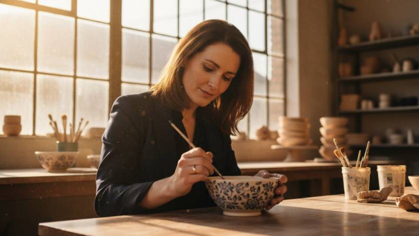 A beautifully lit close-up of a handcrafted ceramic vase, showcasing intricate details and textures, captured with professional Keilor artisan product photography for local brands in a rustic studio setting near the Maribyrnong River, emphasising the artisanal quality and craftsmanship with a dramatic, soft-focus background.