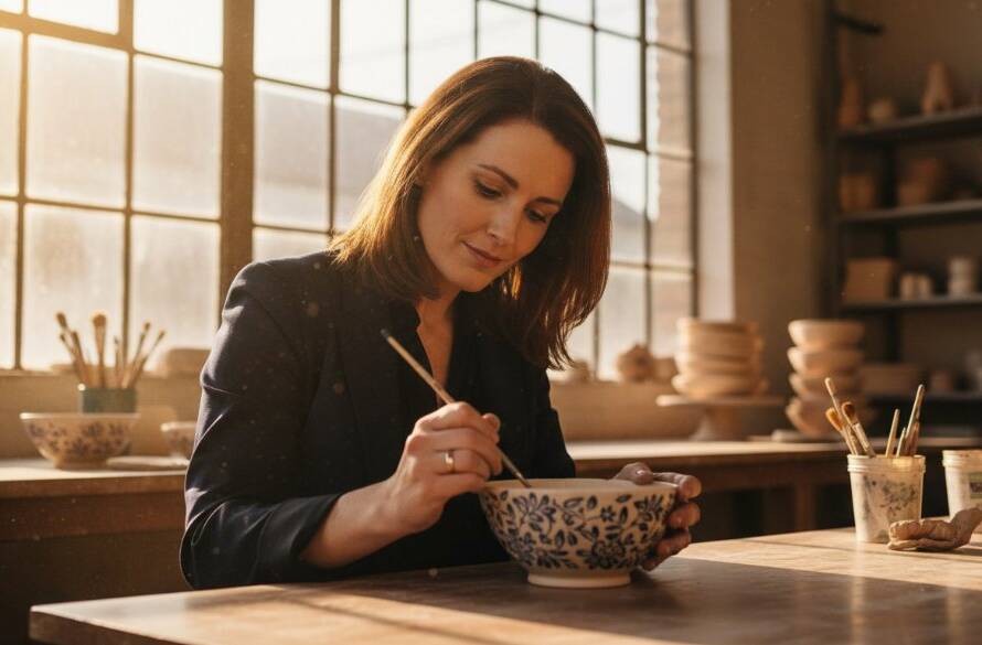 A beautifully lit close-up of a handcrafted ceramic vase, showcasing intricate details and textures, captured with professional Keilor artisan product photography for local brands in a rustic studio setting near the Maribyrnong River, emphasising the artisanal quality and craftsmanship with a dramatic, soft-focus background.