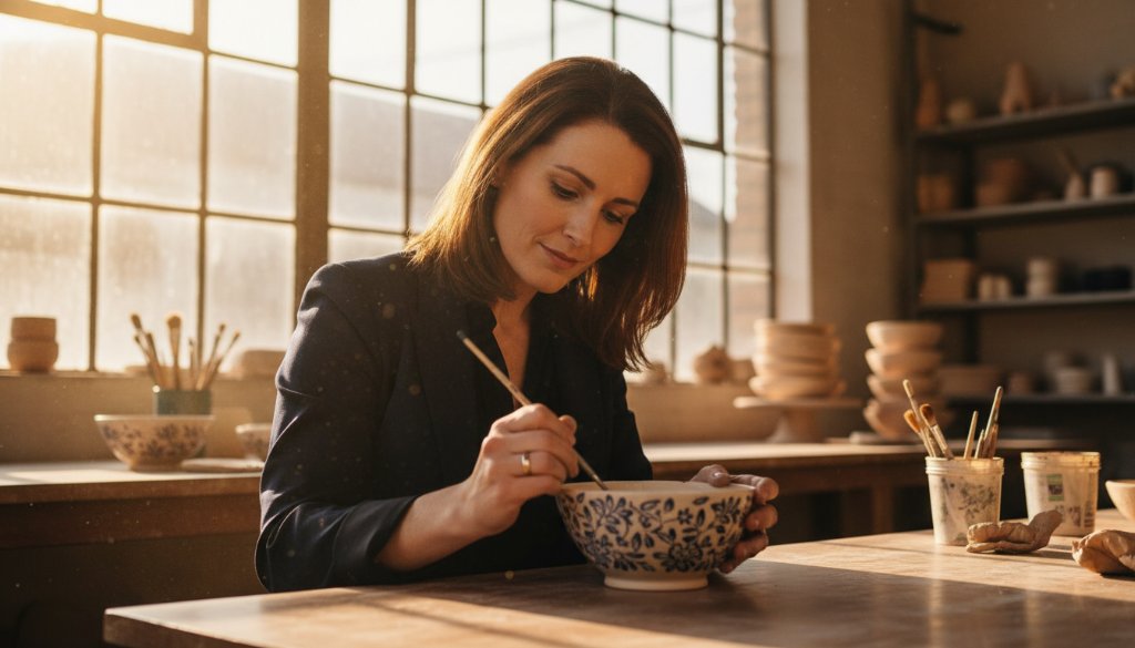 A beautifully lit close-up of a handcrafted ceramic vase, showcasing intricate details and textures, captured with professional Keilor artisan product photography for local brands in a rustic studio setting near the Maribyrnong River, emphasising the artisanal quality and craftsmanship with a dramatic, soft-focus background.