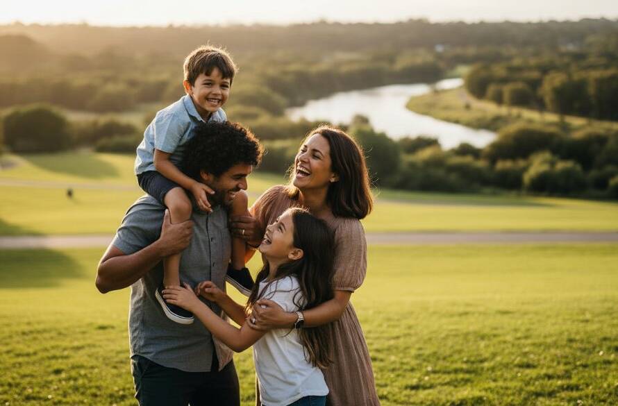 An emotionally resonant, wide-angle candid photograph of a family laughing joyfully together amidst the natural beauty of Brimbank Park in Keilor, Victoria, bathed in the warm glow of late afternoon sun. This epic moment of genuine connection and happiness is perfectly captured by Keilor Candid Photography, showcasing their authentic bond.