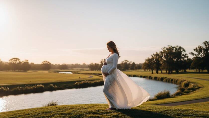 A glowing expectant mother, silhouetted against a dramatic sunset over a tranquil Keilor East park, embodying an elegant Keilor East bespoke maternity photoshoot experience Victoria, with soft golden light highlighting her baby bump and flowing gown.