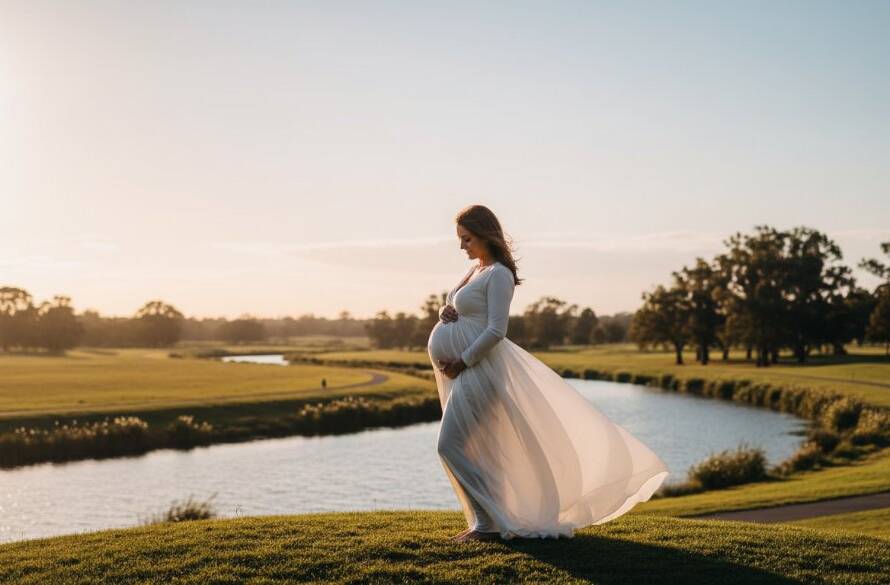 A glowing expectant mother, silhouetted against a dramatic sunset over a tranquil Keilor East park, embodying an elegant Keilor East bespoke maternity photoshoot experience Victoria, with soft golden light highlighting her baby bump and flowing gown.