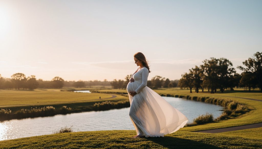 A glowing expectant mother, silhouetted against a dramatic sunset over a tranquil Keilor East park, embodying an elegant Keilor East bespoke maternity photoshoot experience Victoria, with soft golden light highlighting her baby bump and flowing gown.