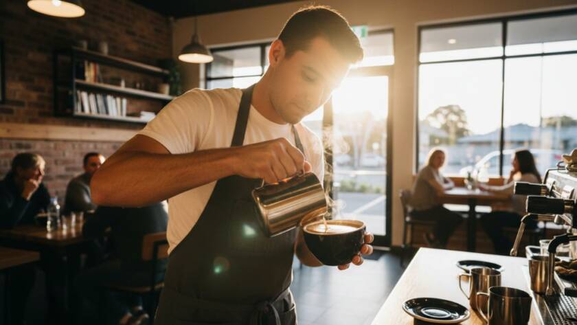 An epic, wide-angle, low-light photograph showcasing a bustling modern cafe interior in Keilor East, with a barista expertly crafting a latte, illuminated by warm, dramatic backlighting, perfect for Keilor East Commercial Photography for Local Business Growth campaigns. The composition emphasizes vibrant activity and artisanal craft.