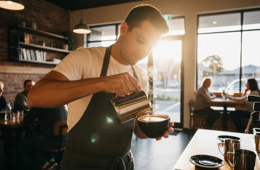 An epic, wide-angle, low-light photograph showcasing a bustling modern cafe interior in Keilor East, with a barista expertly crafting a latte, illuminated by warm, dramatic backlighting, perfect for Keilor East Commercial Photography for Local Business Growth campaigns. The composition emphasizes vibrant activity and artisanal craft.