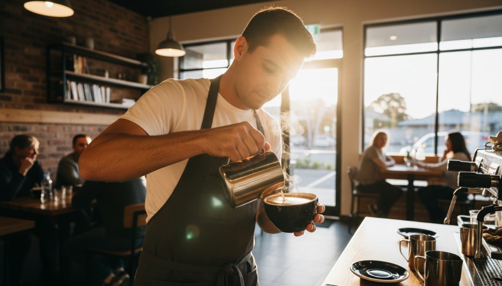 An epic, wide-angle, low-light photograph showcasing a bustling modern cafe interior in Keilor East, with a barista expertly crafting a latte, illuminated by warm, dramatic backlighting, perfect for Keilor East Commercial Photography for Local Business Growth campaigns. The composition emphasizes vibrant activity and artisanal craft.