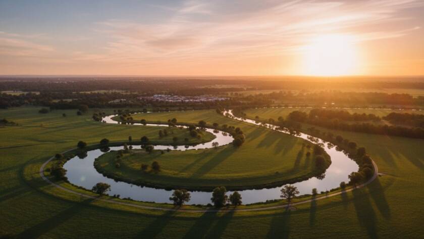 An epic aerial shot of the Maribyrnong River winding through Keilor East, bathed in golden hour light, captured by professional Keilor East drone photography capturing local landscapes, showcasing lush greenery and a vibrant sunset.