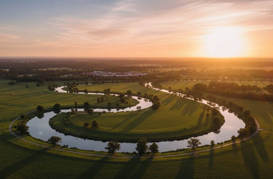 An epic aerial shot of the Maribyrnong River winding through Keilor East, bathed in golden hour light, captured by professional Keilor East drone photography capturing local landscapes, showcasing lush greenery and a vibrant sunset.