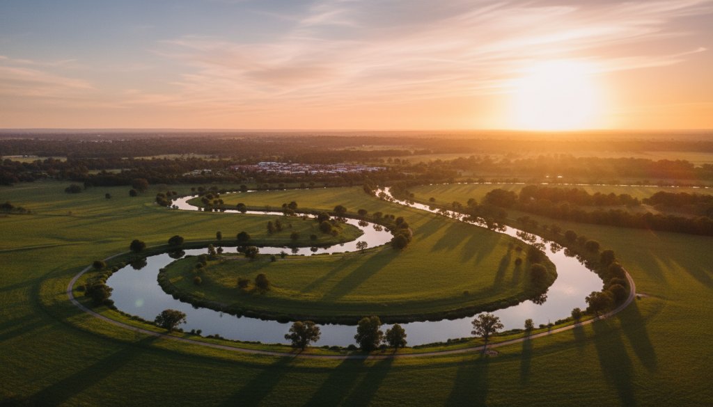 An epic aerial shot of the Maribyrnong River winding through Keilor East, bathed in golden hour light, captured by professional Keilor East drone photography capturing local landscapes, showcasing lush greenery and a vibrant sunset.