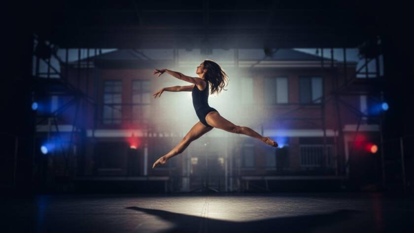 A female dancer in mid-air, caught in an incredible leap with powerful motion blur, backlighting from a stage light creating a halo effect, during a Keilor East dynamic dance performance photography session. The shot emphasizes grace and power against a darkened, atmospheric background.