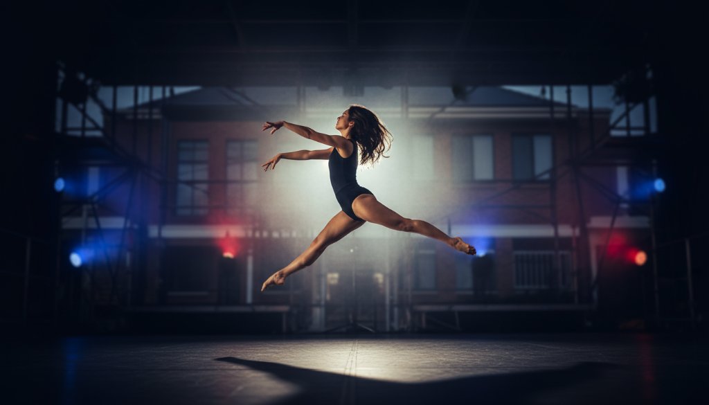 A female dancer in mid-air, caught in an incredible leap with powerful motion blur, backlighting from a stage light creating a halo effect, during a Keilor East dynamic dance performance photography session. The shot emphasizes grace and power against a darkened, atmospheric background.