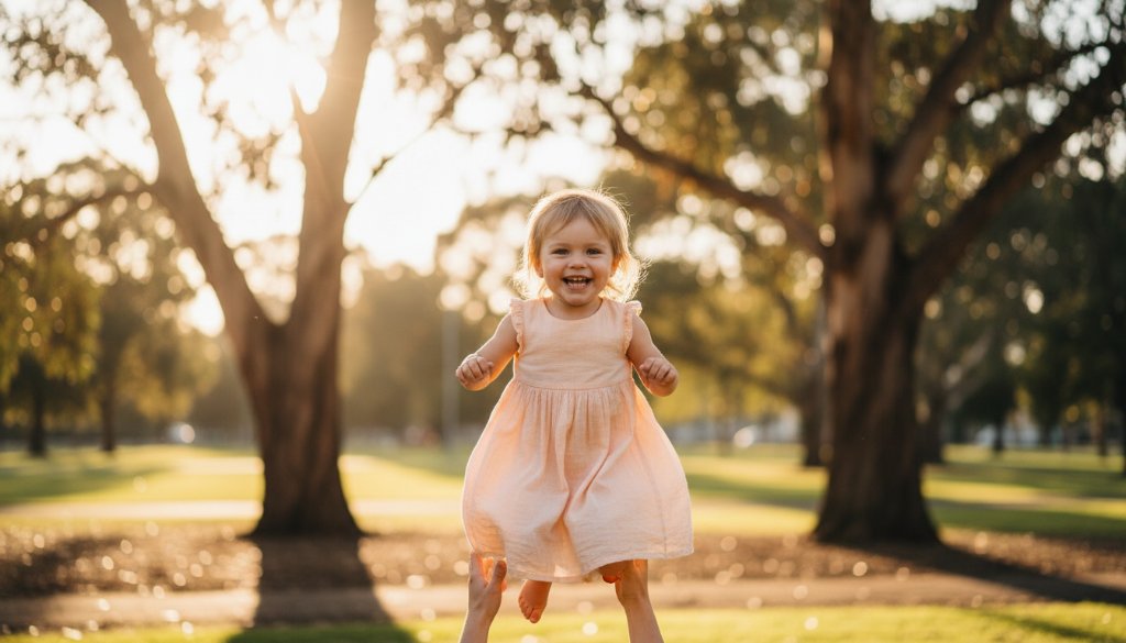 A professional photograph of a young child laughing joyfully while being tossed in the air by a parent against a soft, golden hour backdrop in a Keilor East park, capturing an authentic Keilor East kids photography outdoor family portrait moment.