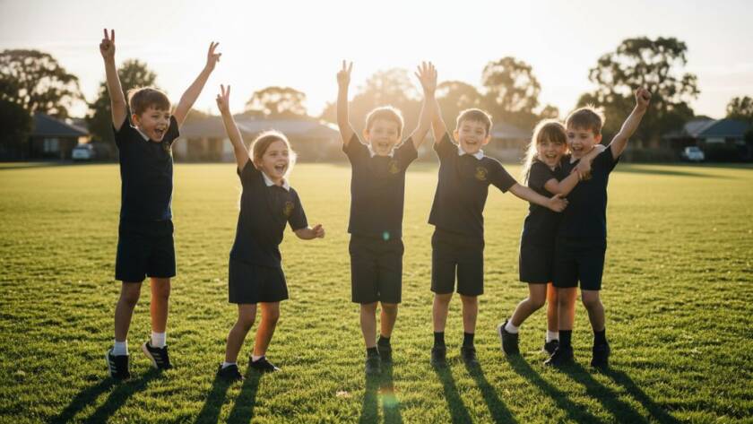An inspiring, sun-drenched photograph capturing a group of happy primary school children in Keilor East celebrating a shared success on their playing field, embodying the spirit of Keilor East Primary School Photography capturing joyful student milestones, professionally composed with golden hour light.