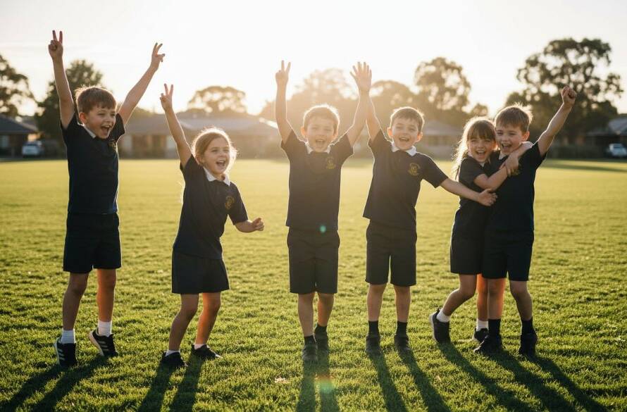 An inspiring, sun-drenched photograph capturing a group of happy primary school children in Keilor East celebrating a shared success on their playing field, embodying the spirit of Keilor East Primary School Photography capturing joyful student milestones, professionally composed with golden hour light.