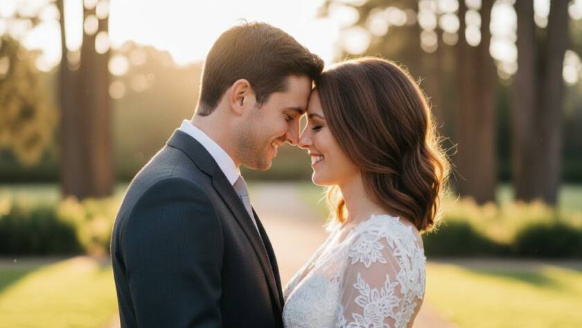 An intimate, emotionally charged close-up of a newly married couple sharing a joyful embrace in a rustic, beautifully lit setting in Keilor East, embodying the essence of a Keilor East Wedding Photographer Capturing Joyful Moments.