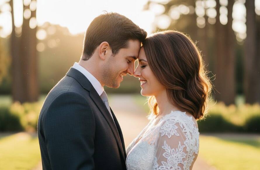 An intimate, emotionally charged close-up of a newly married couple sharing a joyful embrace in a rustic, beautifully lit setting in Keilor East, embodying the essence of a Keilor East Wedding Photographer Capturing Joyful Moments.