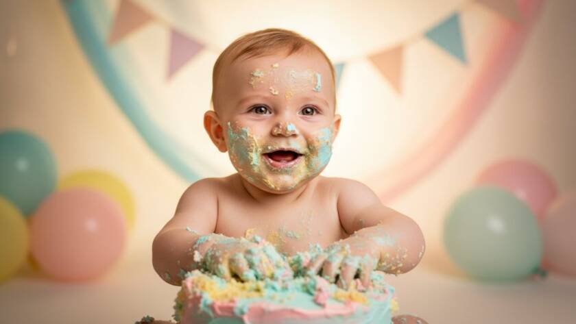A jubilant baby covered in cake frosting, laughing joyfully during their Keilor first birthday cake smash photography moments, set against a beautifully decorated studio backdrop with soft, dramatic lighting capturing the genuine mess and delight.