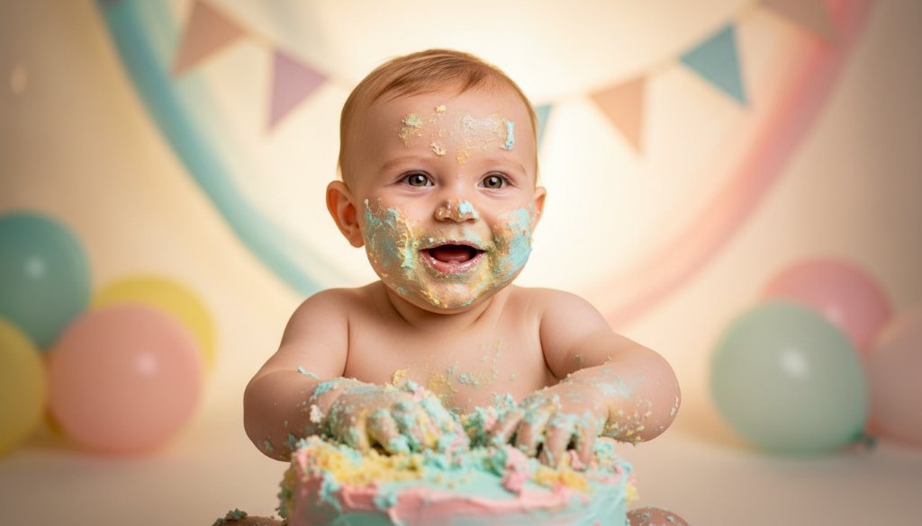 A jubilant baby covered in cake frosting, laughing joyfully during their Keilor first birthday cake smash photography moments, set against a beautifully decorated studio backdrop with soft, dramatic lighting capturing the genuine mess and delight.