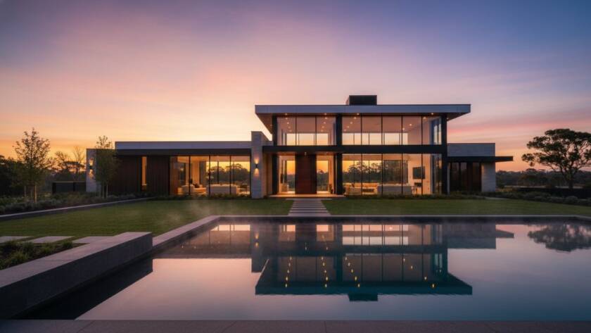 Dramatic golden hour shot of a modern Keilor luxury home, showcasing its expansive outdoor entertainment area and swimming pool, with the Dandenong Ranges faintly visible in the background, captured through expert Keilor luxury home photography for premium listings.