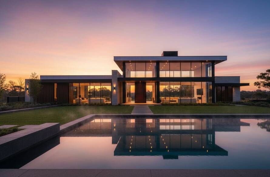 Dramatic golden hour shot of a modern Keilor luxury home, showcasing its expansive outdoor entertainment area and swimming pool, with the Dandenong Ranges faintly visible in the background, captured through expert Keilor luxury home photography for premium listings.