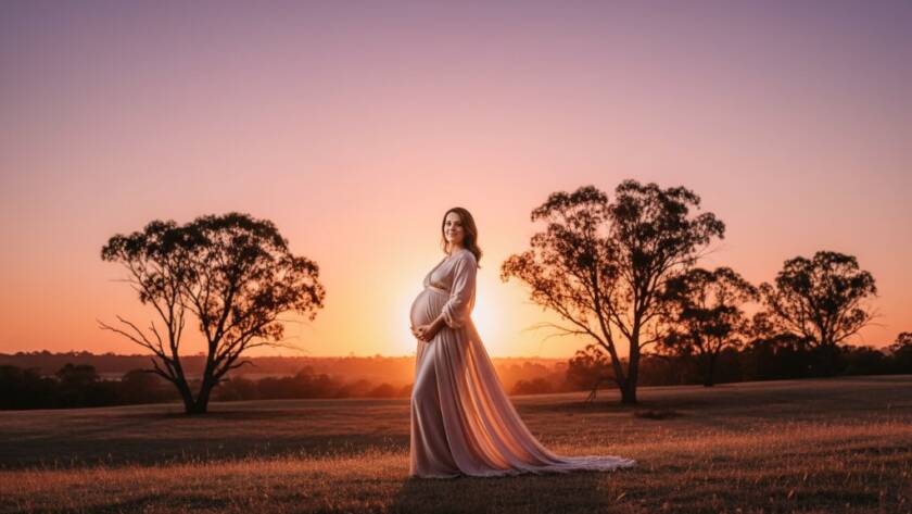 A radiant expectant mother in a flowing gown, silhouetted against a breathtaking Keilor sunset, embodying the serene beauty of Keilor maternity photography outdoor golden hour, captured with dramatic backlighting.