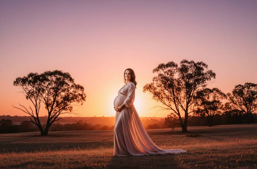A radiant expectant mother in a flowing gown, silhouetted against a breathtaking Keilor sunset, embodying the serene beauty of Keilor maternity photography outdoor golden hour, captured with dramatic backlighting.