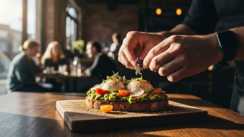Dramatic close-up of a perfectly plated gourmet brunch dish, featuring vibrant avocado toast with poached eggs and edible flowers, captured with exquisite detail and professional lighting in a modern Keilor Park artisan cafe setting, highlighting the artistry of Keilor Park artisan cafe food photography Victoria.