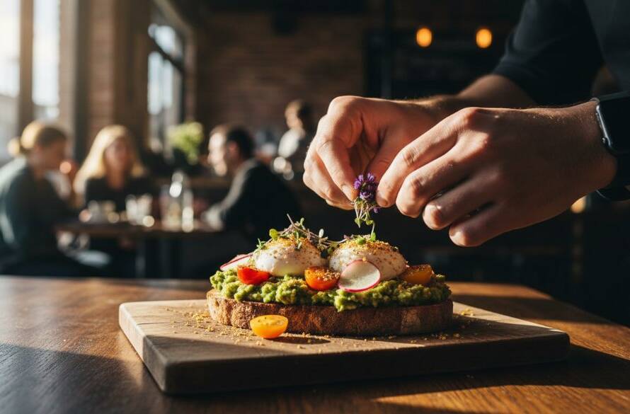 Dramatic close-up of a perfectly plated gourmet brunch dish, featuring vibrant avocado toast with poached eggs and edible flowers, captured with exquisite detail and professional lighting in a modern Keilor Park artisan cafe setting, highlighting the artistry of Keilor Park artisan cafe food photography Victoria.