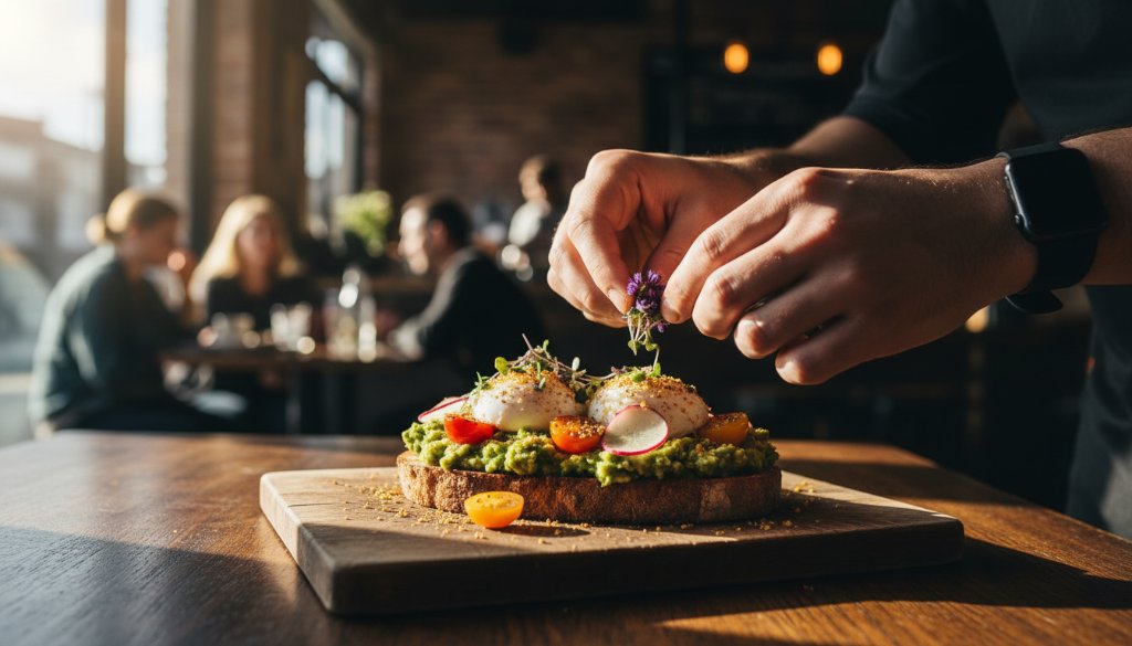 Dramatic close-up of a perfectly plated gourmet brunch dish, featuring vibrant avocado toast with poached eggs and edible flowers, captured with exquisite detail and professional lighting in a modern Keilor Park artisan cafe setting, highlighting the artistry of Keilor Park artisan cafe food photography Victoria.