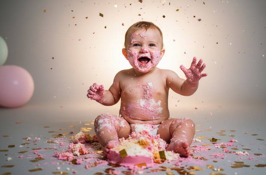 A wide-angle, dramatic shot capturing the pure joy and chaotic fun of a baby's first birthday cake smash, set indoors with whimsical decorations in Keilor Park, showcasing the Keilor Park Cake Smash Photography Magic, with icing smeared everywhere and the baby laughing amidst a burst of confetti, under warm, soft lighting.