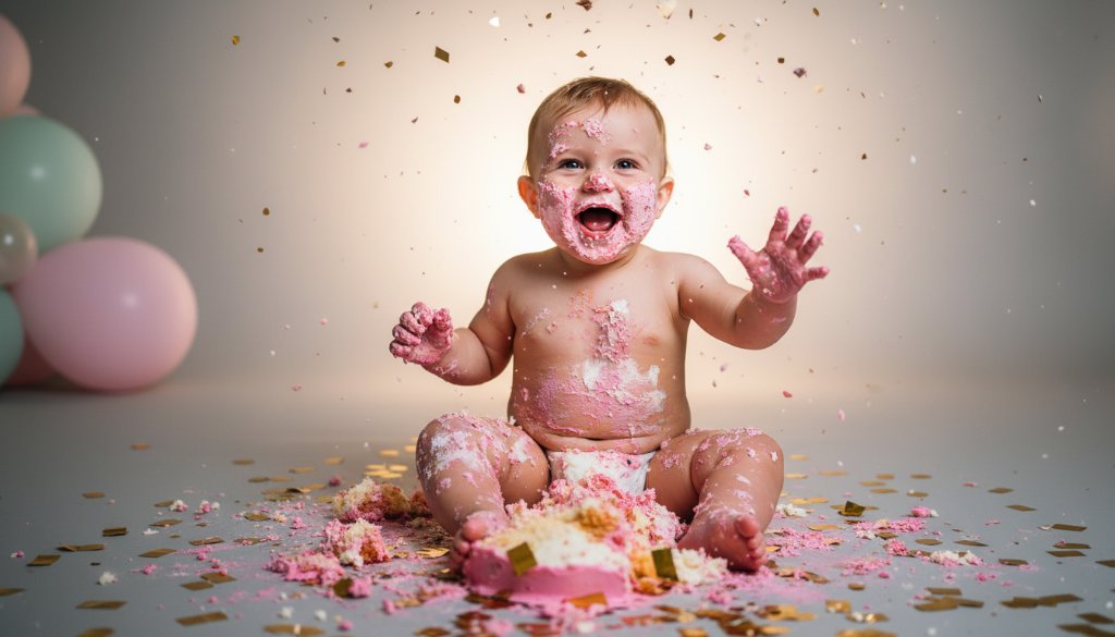 A wide-angle, dramatic shot capturing the pure joy and chaotic fun of a baby's first birthday cake smash, set indoors with whimsical decorations in Keilor Park, showcasing the Keilor Park Cake Smash Photography Magic, with icing smeared everywhere and the baby laughing amidst a burst of confetti, under warm, soft lighting.