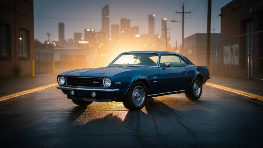 Dramatic night shot of a pristine red vintage sports car parked elegantly under a subtle streetlamp glow in Keilor Park, showcasing its polished chrome and sleek lines, emphasizing professional Keilor Park classic car photography services.